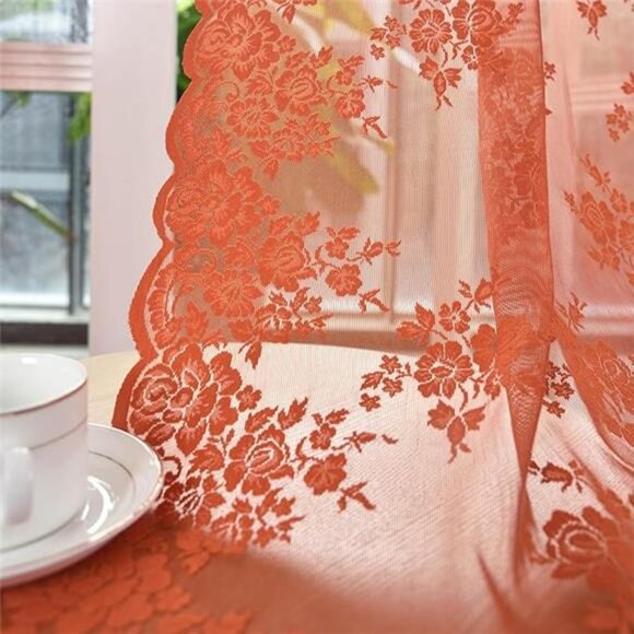 Burnt Orange Sheer Curtains 54 Inch Length 2 Panels, Country Rustic Lace